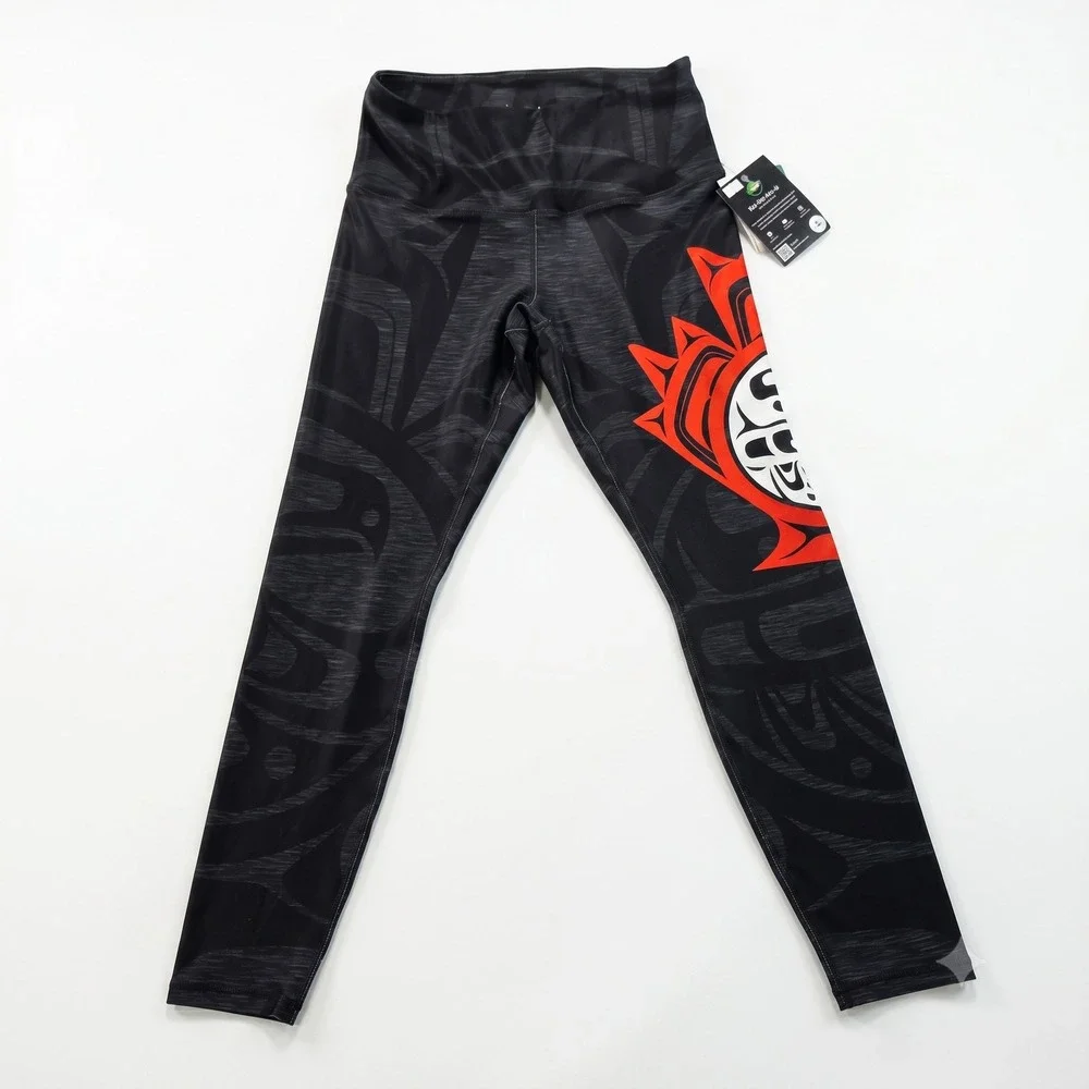 NoMiNoU‎ Indigenous Art Leggings L Large Black Red Recycled Yoga UPF 50 NWT